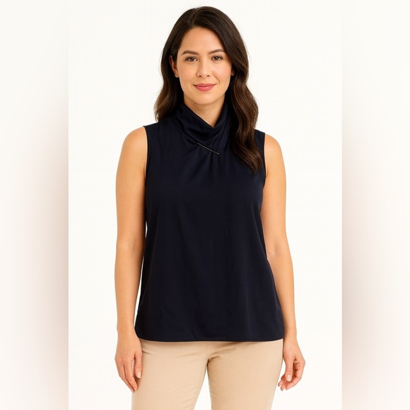 JASON WU  Sleeveless Mock Neck 100% Silk Top Navy Blue Sleeveless Gold Bar 4 - Picture 15 of 15